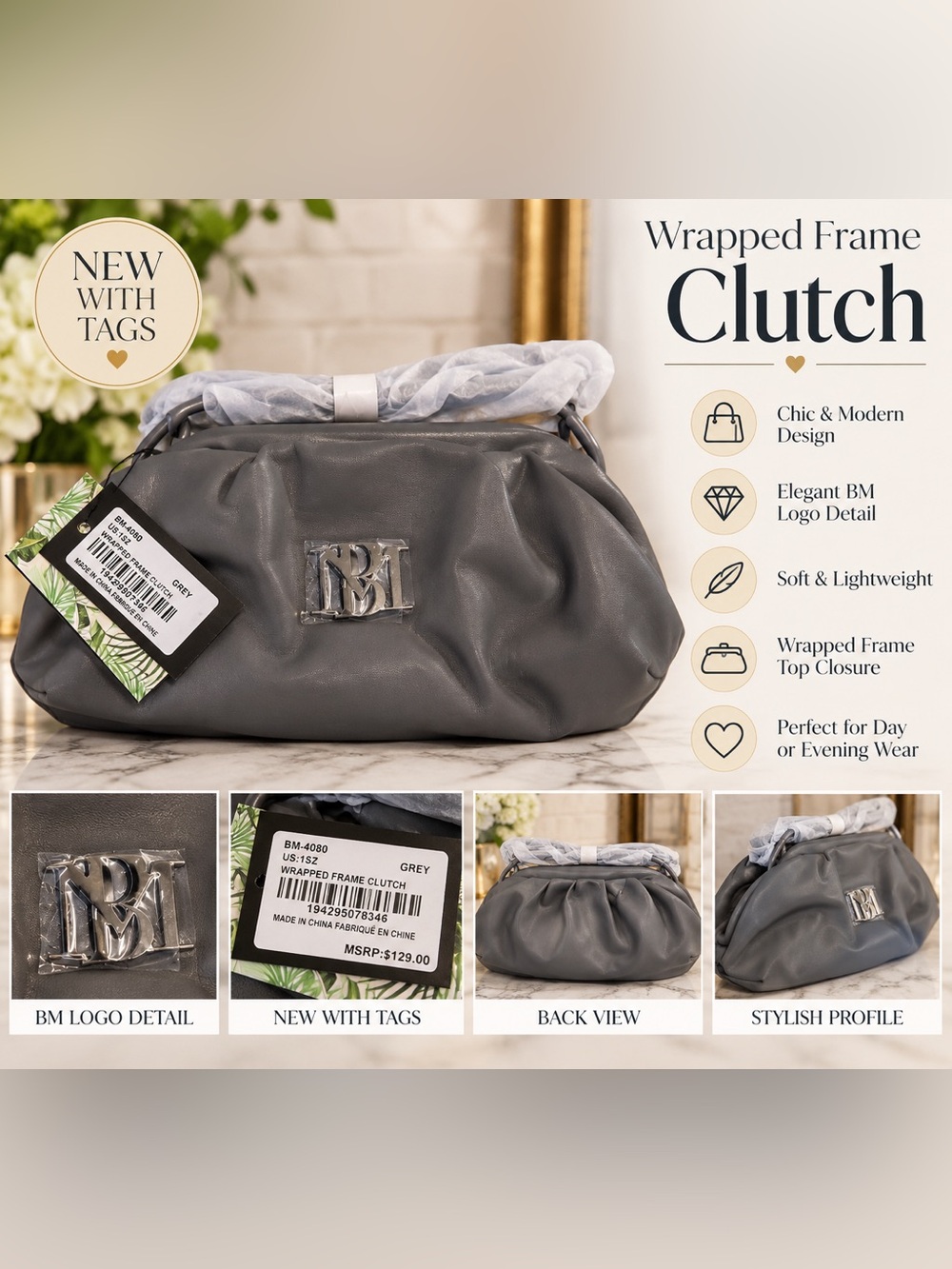 NWT Grey Wrapped Frame Clutch – BM Logo – MSRP $129